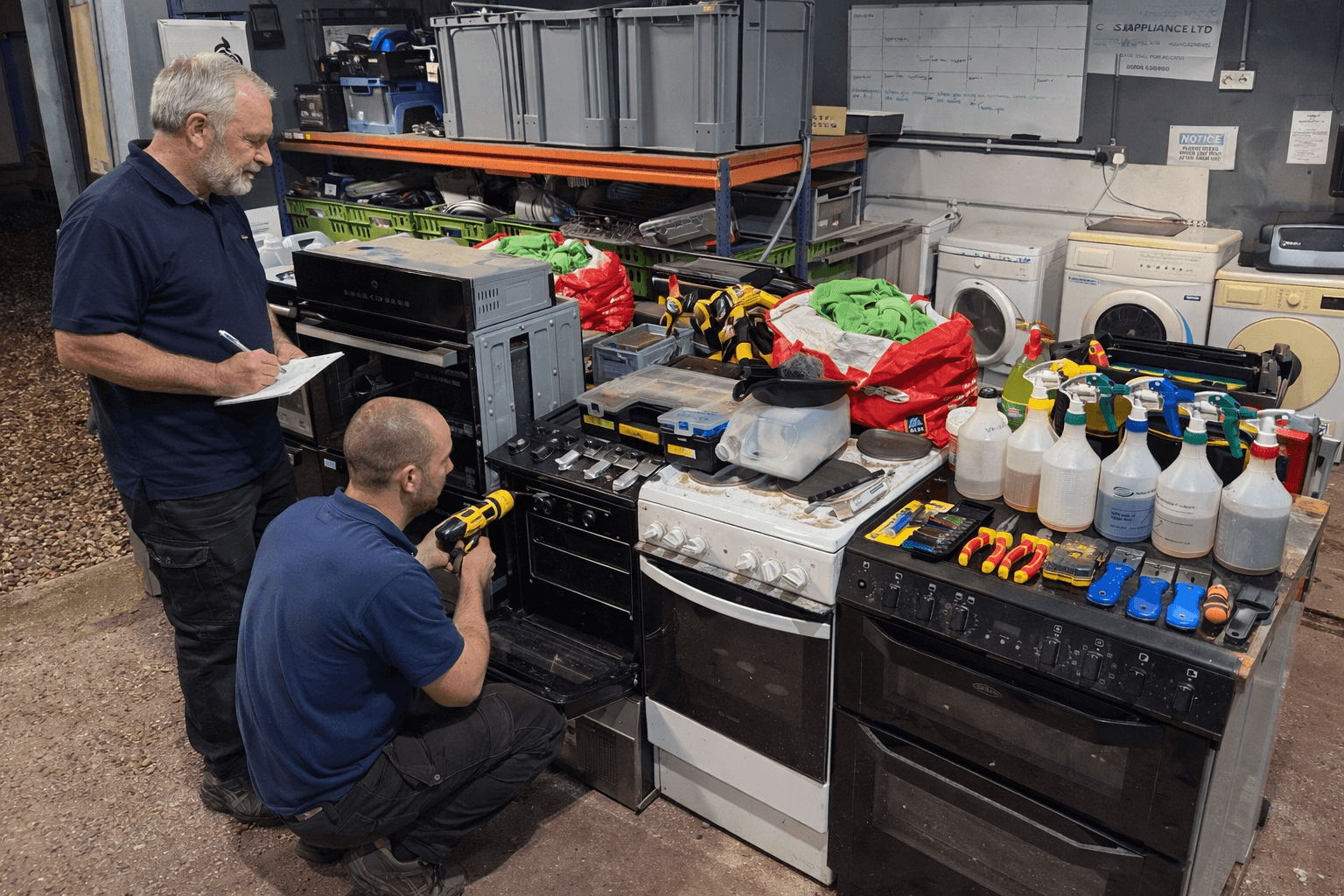 Two GS Appliance engineers working on appliances in the workshop